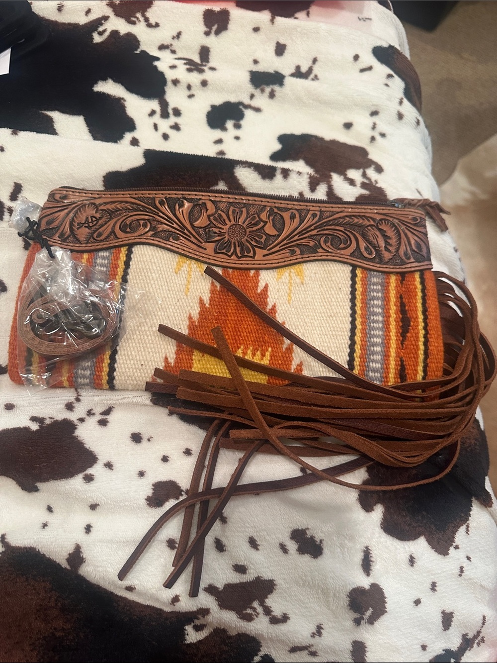 American Darling Cream, Rust & Orange Aztec Fringe Crossbody